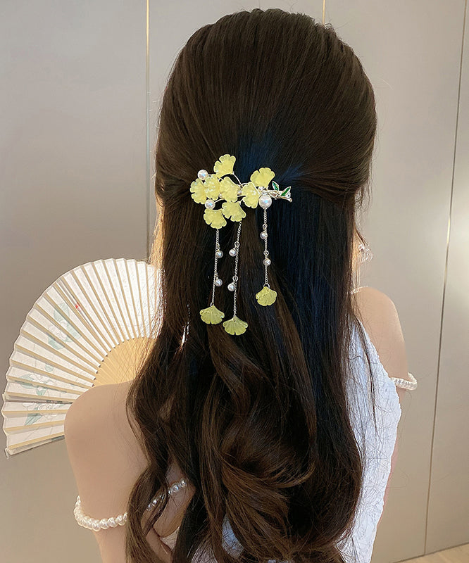 Chinese Style Yellow Alloy Coloured Glaze Pearl Ginkgo Leaves Tassel Hairpin