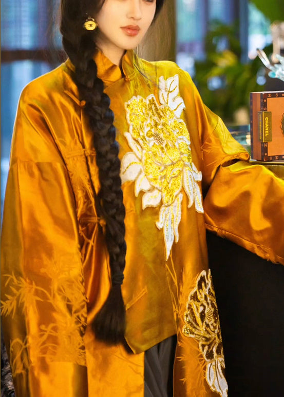 Chinese Style Yellow Button Print blend Coats Long Sleeve