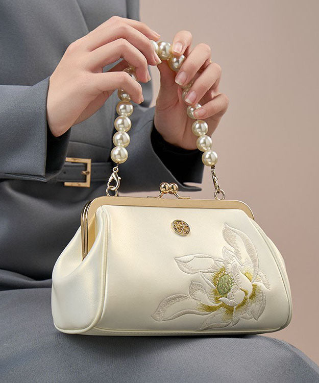 Chinese White Embroidered Cowhide Pearl Crossbody Handbag