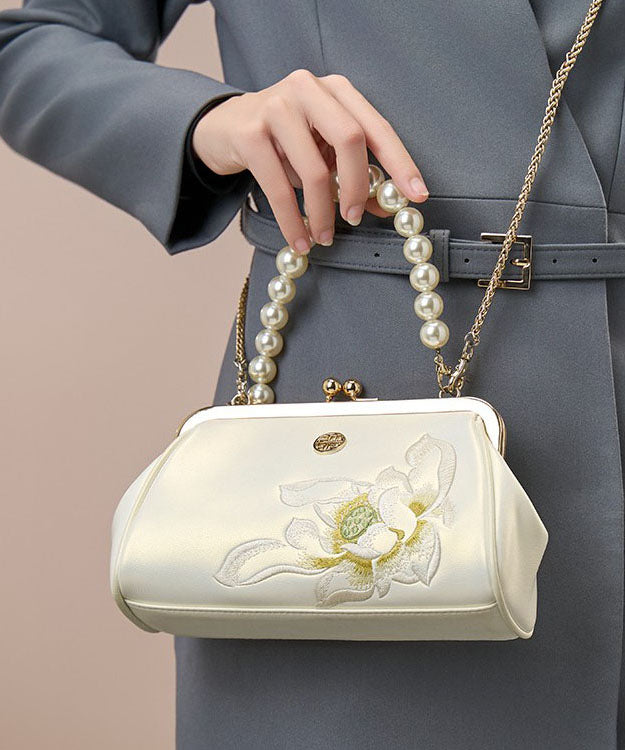 Chinese White Embroidered Cowhide Pearl Crossbody Handbag