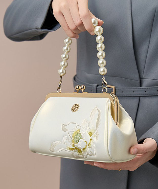 Chinese White Embroidered Cowhide Pearl Crossbody Handbag