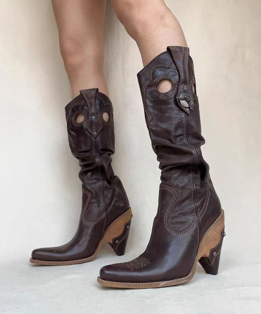 Chocolate Cowhide Leather Embroidered Splicing Cowboy Boots