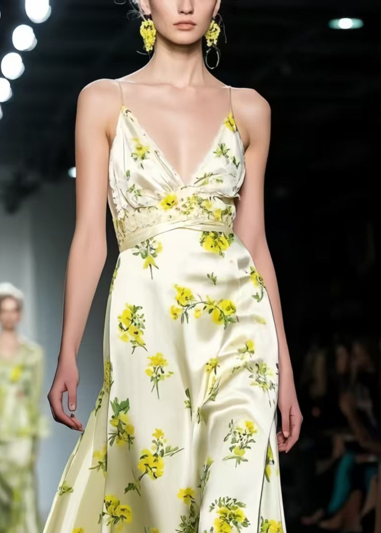 Classy Apricot Print Exra Large Hem Silk Vestidos Dress Summer