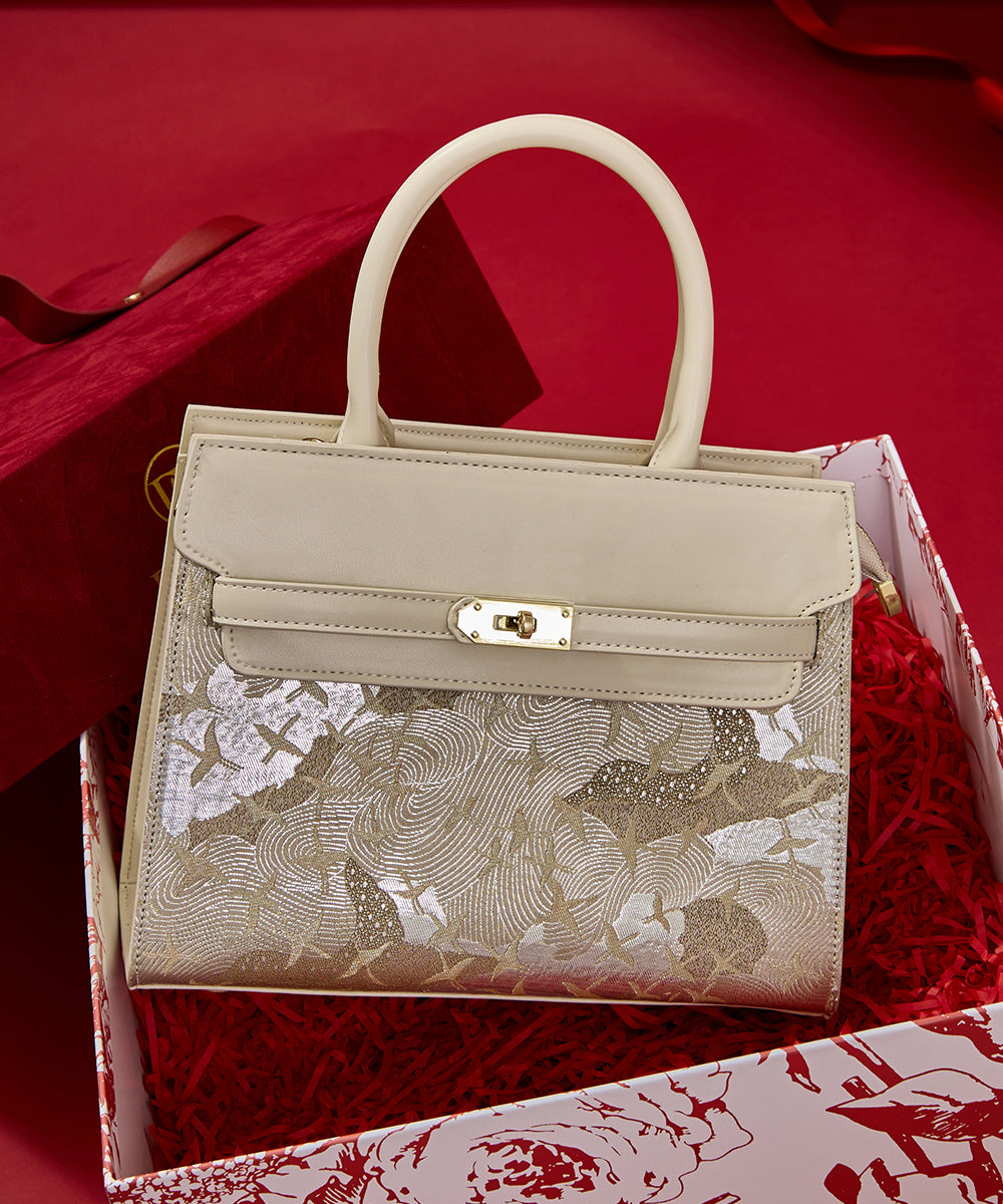 Classy Beige Embroidered Faux Leather Micro Bag