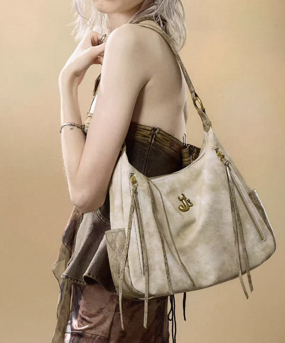 Classy Beige Tasseled Solid Durable Faux Leather Shoulder Bags