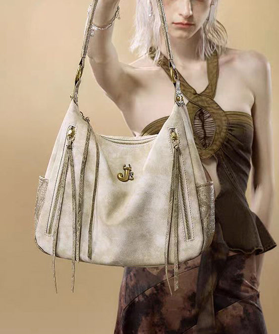 Classy Beige Tasseled Solid Durable Faux Leather Shoulder Bags