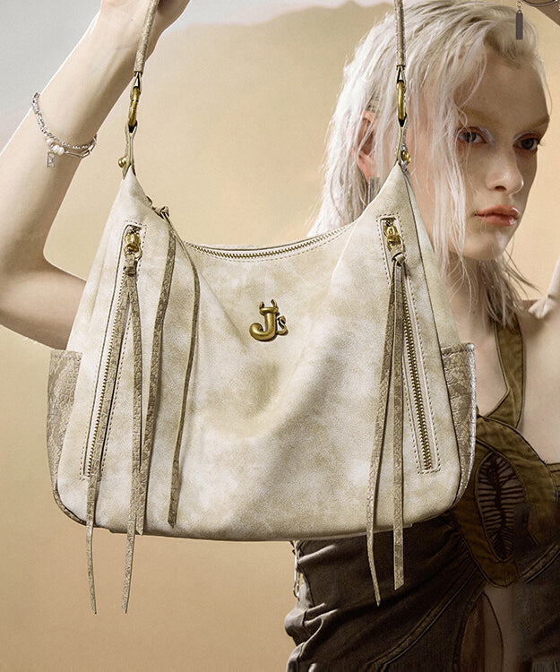 Classy Beige Tasseled Solid Durable Faux Leather Shoulder Bags