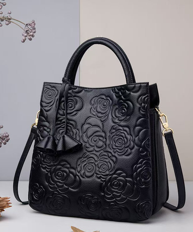 Classy Black Emboss Large Capacity Calf Leather Tote Handbag