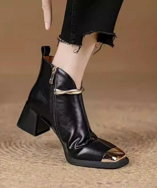 Classy Black Faux Leather Splicing Chunky Boots