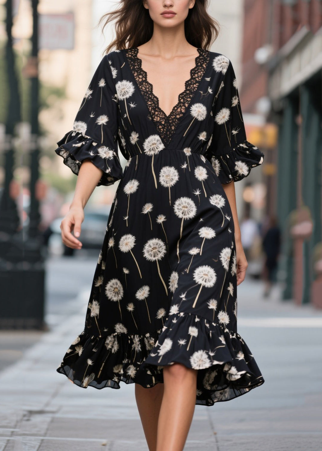 Classy Black V Neck Print Chiffon Day Dress Summer