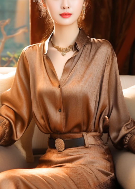 Classy Brown Stand Collar Button Silk Blouse Top Lantern Sleeve
