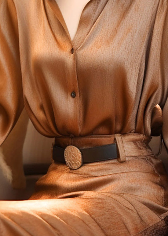 Classy Brown Stand Collar Button Silk Blouse Top Lantern Sleeve