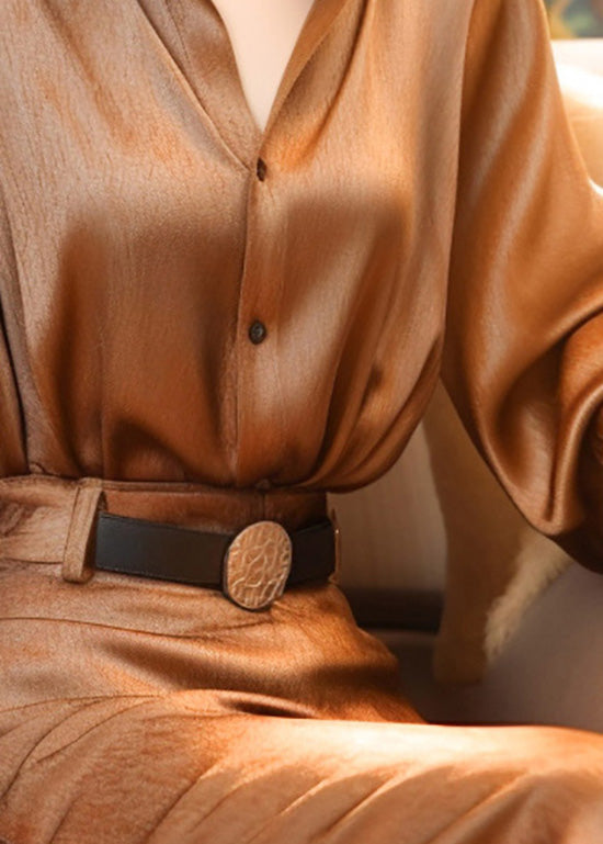Classy Brown Stand Collar Button Silk Blouse Top Lantern Sleeve