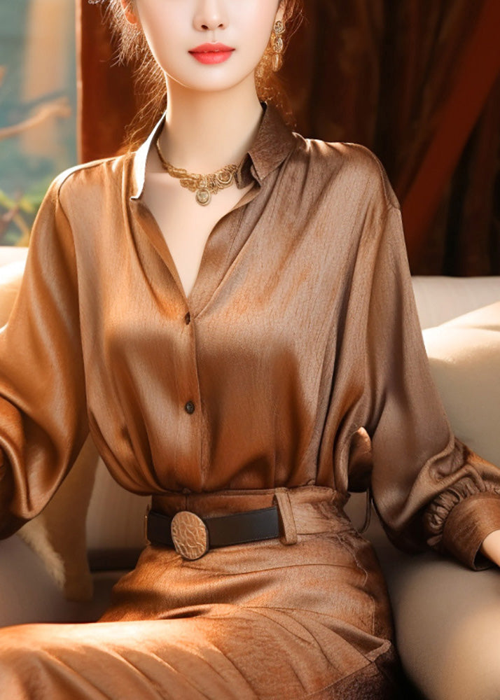 Classy Brown Stand Collar Button Silk Blouse Top Lantern Sleeve