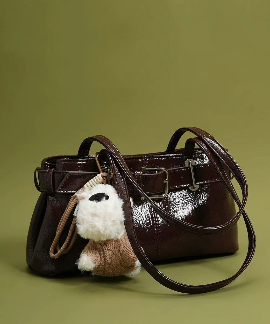 Classy Chocolate Solid Durable Dog Decorated Faux Leather Satchel Handbag