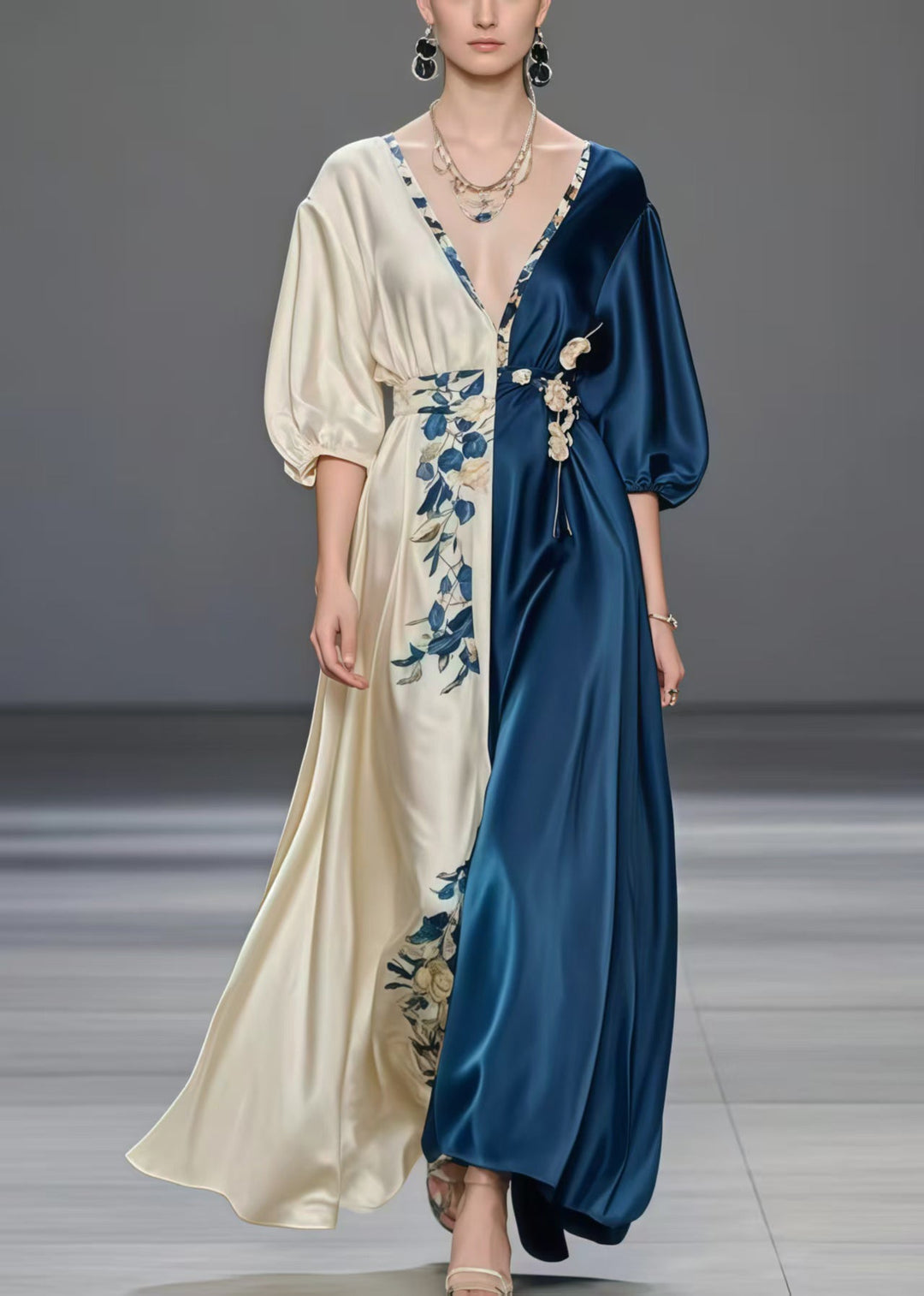 Classy Colorblock Cinched Print Silk Ankle Dress Summer