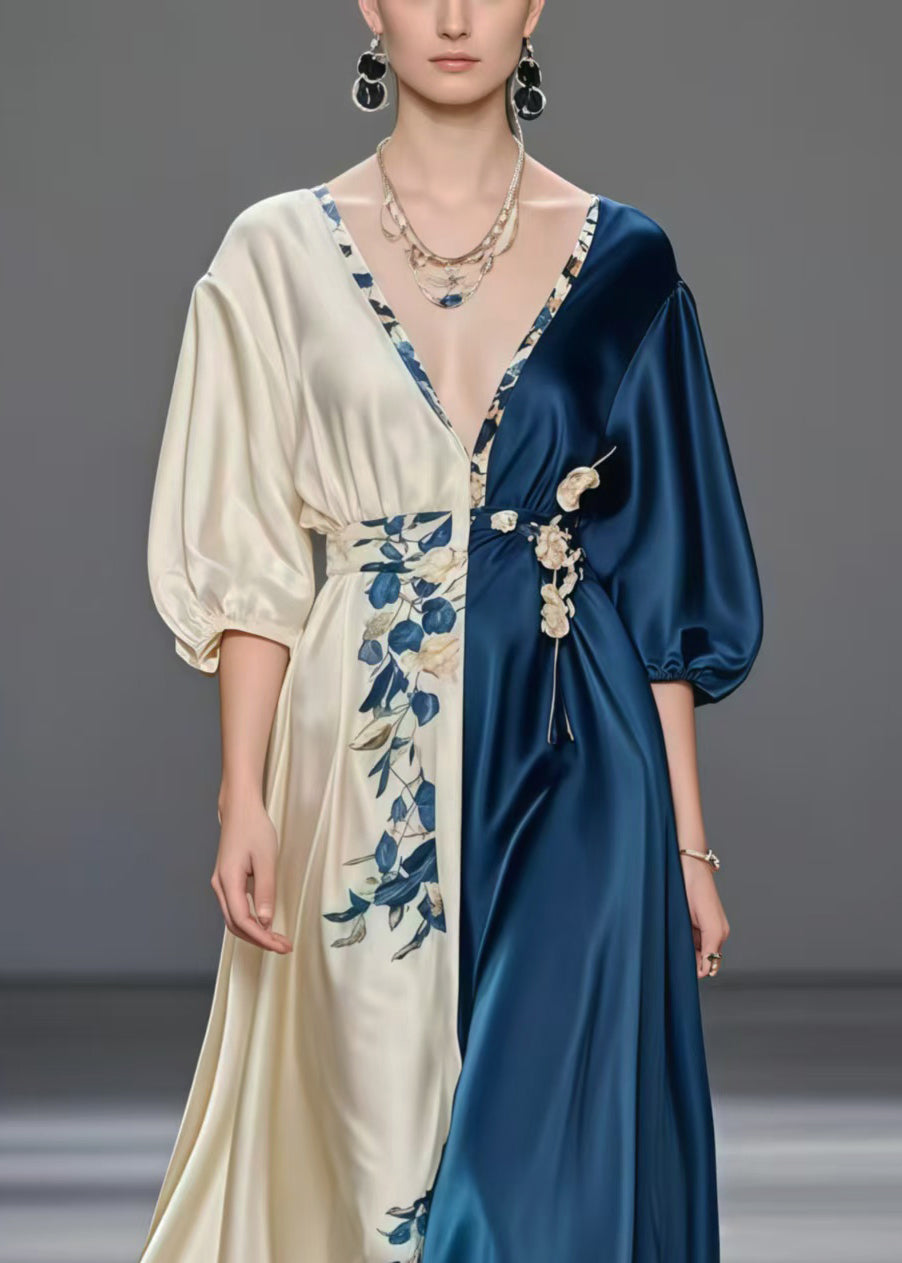 Classy Colorblock Cinched Print Silk Ankle Dress Summer