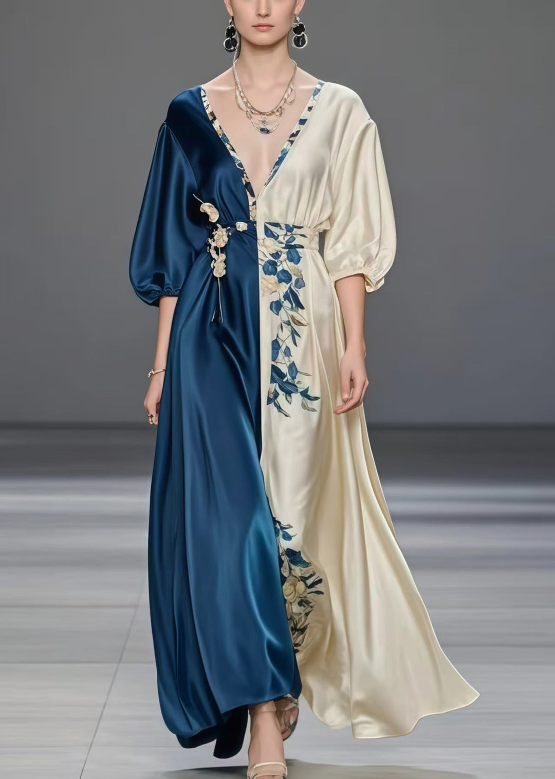 Classy Colorblock Cinched Print Silk Ankle Dress Summer