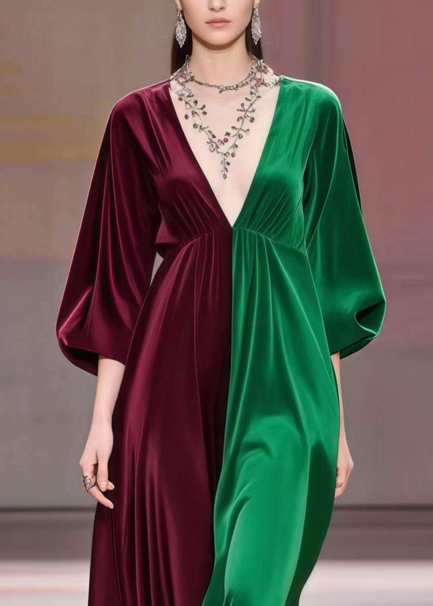 Classy Colorblock V Neck Patchwork Silk Dress Bracelet Sleeve