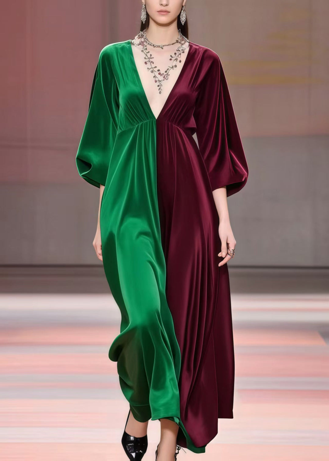 Classy Colorblock V Neck Patchwork Silk Dress Bracelet Sleeve