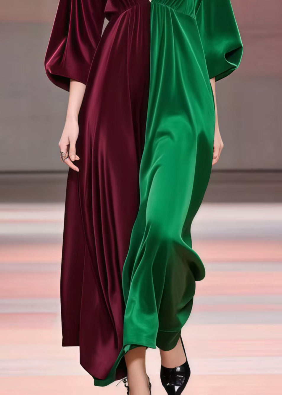 Classy Colorblock V Neck Patchwork Silk Dress Bracelet Sleeve