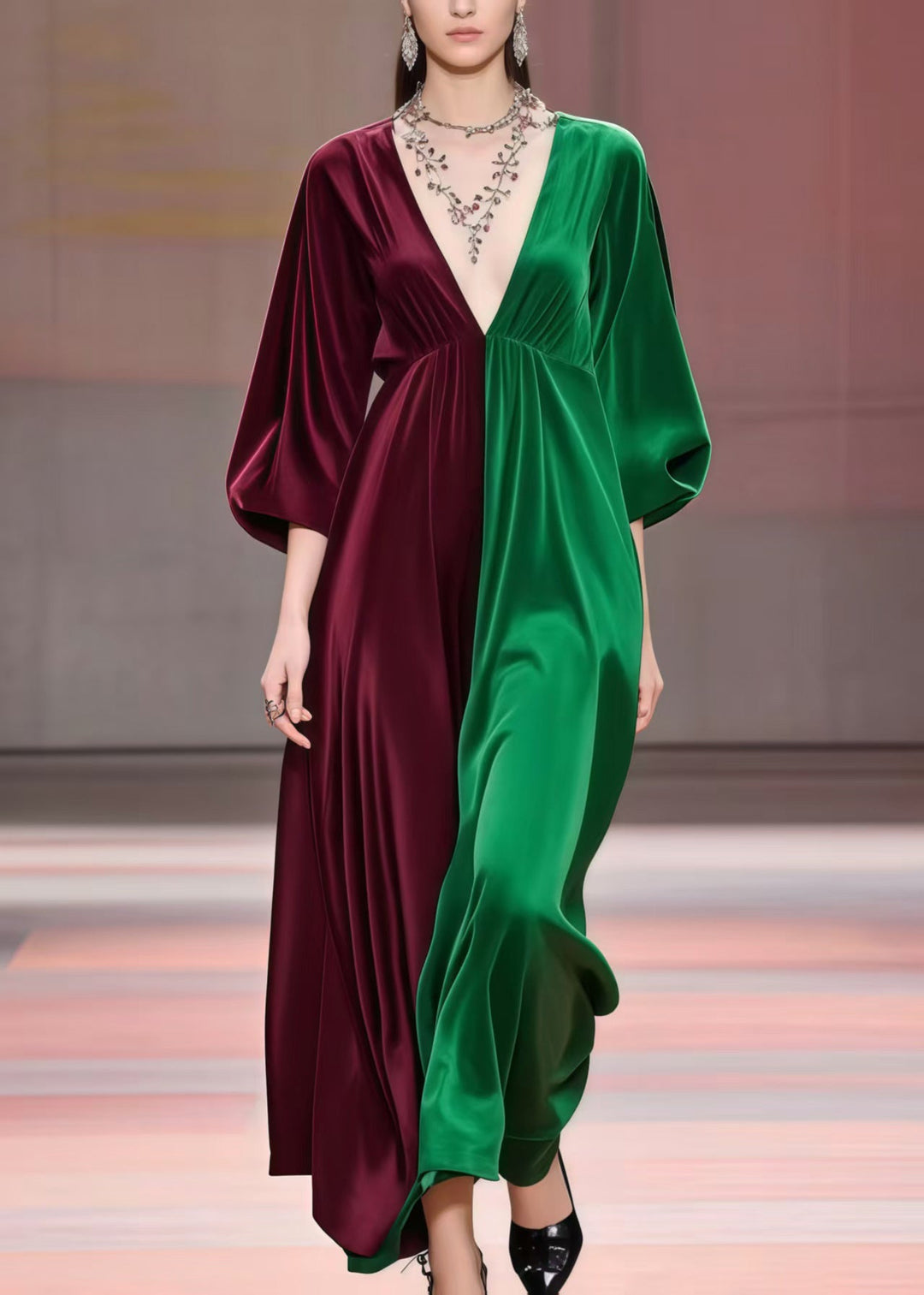 Classy Colorblock V Neck Patchwork Silk Dress Bracelet Sleeve