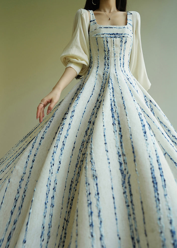 Classy Cyan Striped Patchwork Slim Long Spaghetti Strap Dress Sleeveless