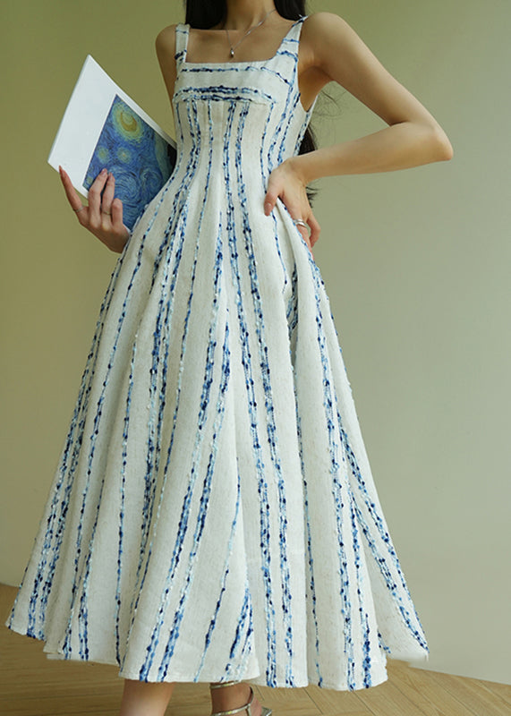 Classy Cyan Striped Patchwork Slim Long Spaghetti Strap Dress Sleeveless