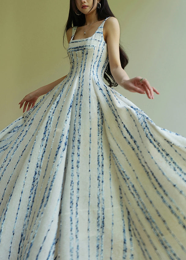 Classy Cyan Striped Patchwork Slim Long Spaghetti Strap Dress Sleeveless