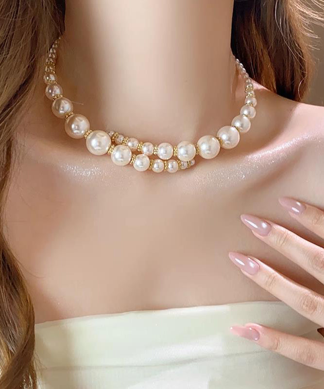 Classy Gold Copper Alloy Asymmetrical Crossing Pearl Gratuated Bead Necklace