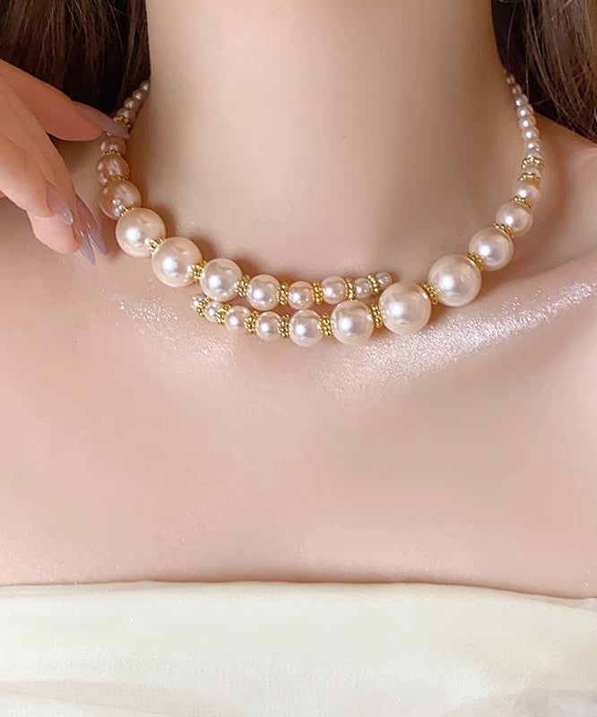Classy Gold Copper Alloy Asymmetrical Crossing Pearl Gratuated Bead Necklace