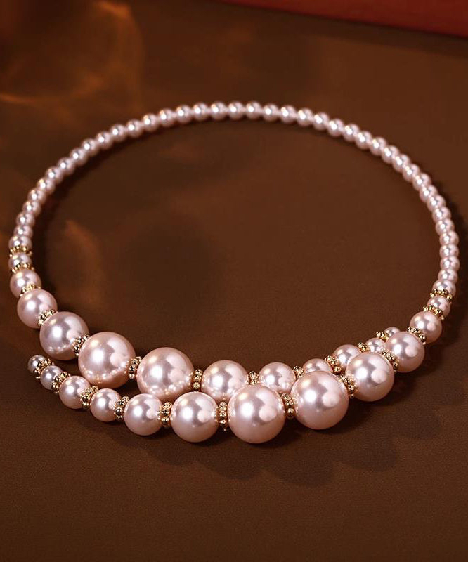 Classy Gold Copper Alloy Asymmetrical Crossing Pearl Gratuated Bead Necklace