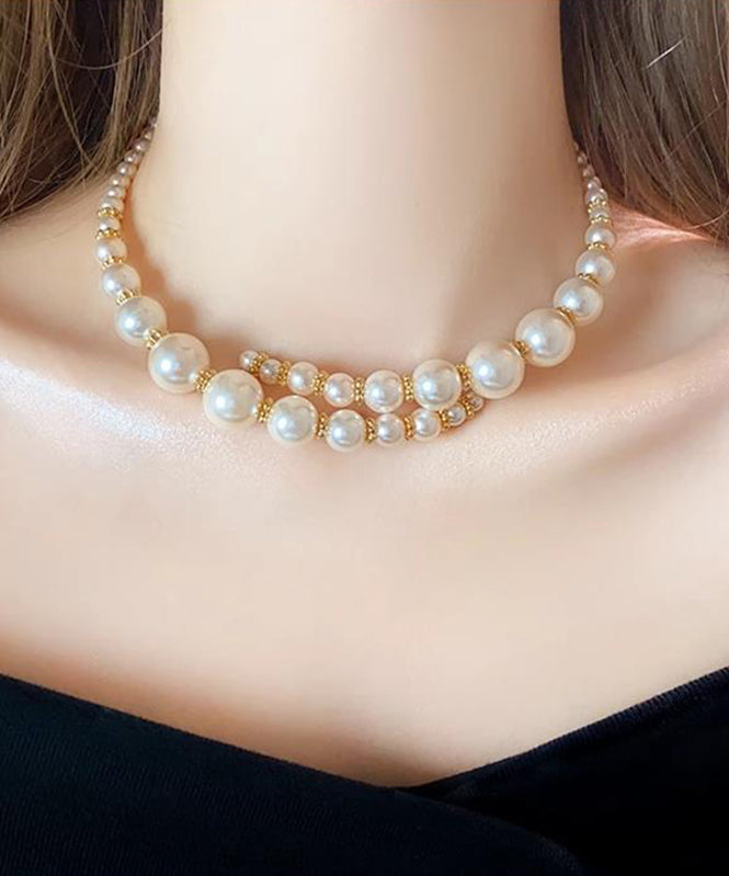 Classy Gold Copper Alloy Asymmetrical Crossing Pearl Gratuated Bead Necklace
