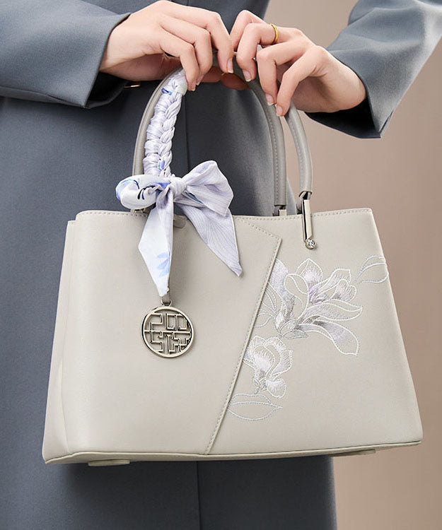 Classy Grey Embroidery Calf Leather Tote Bag
