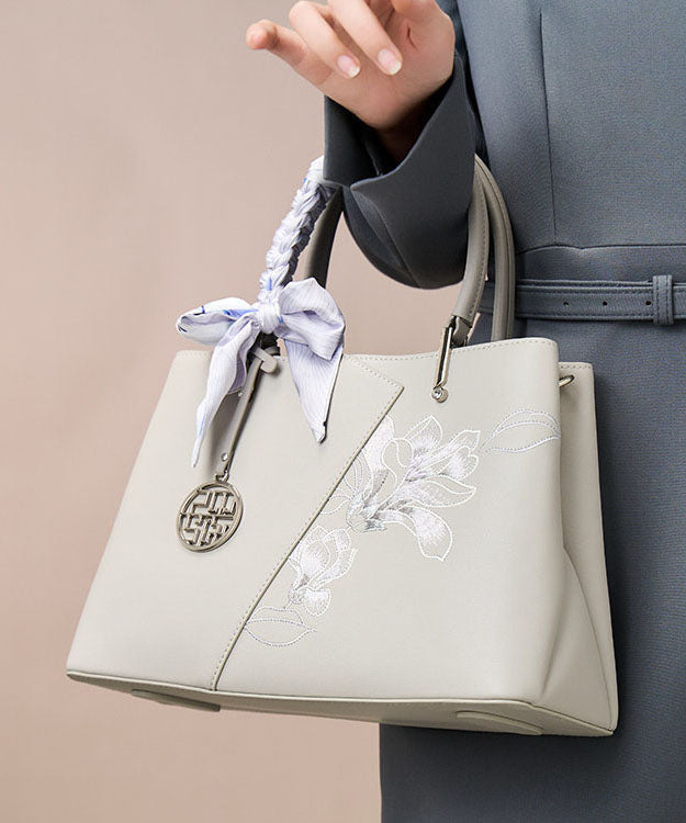 Classy Grey Embroidery Calf Leather Tote Bag