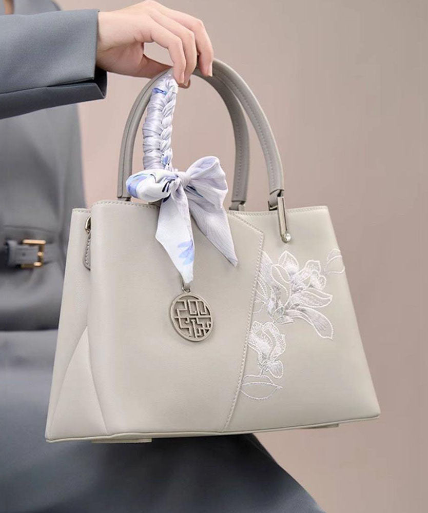 Classy Grey Embroidery Calf Leather Tote Bag