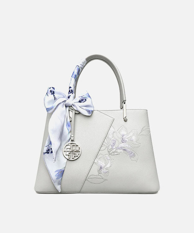 Classy Grey Embroidery Calf Leather Tote Bag