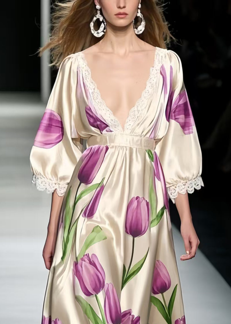 Classy Lavender Floral Patchwork Lace Silk Maxi Dress Summer