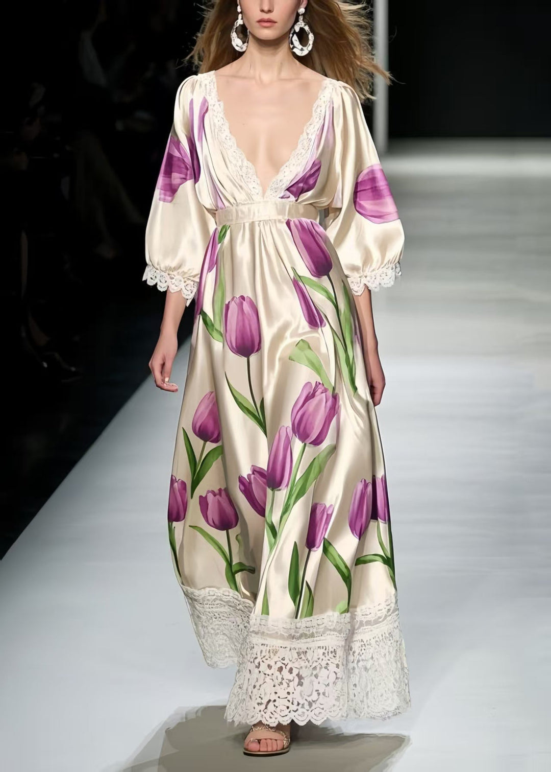 Classy Lavender Floral Patchwork Lace Silk Maxi Dress Summer