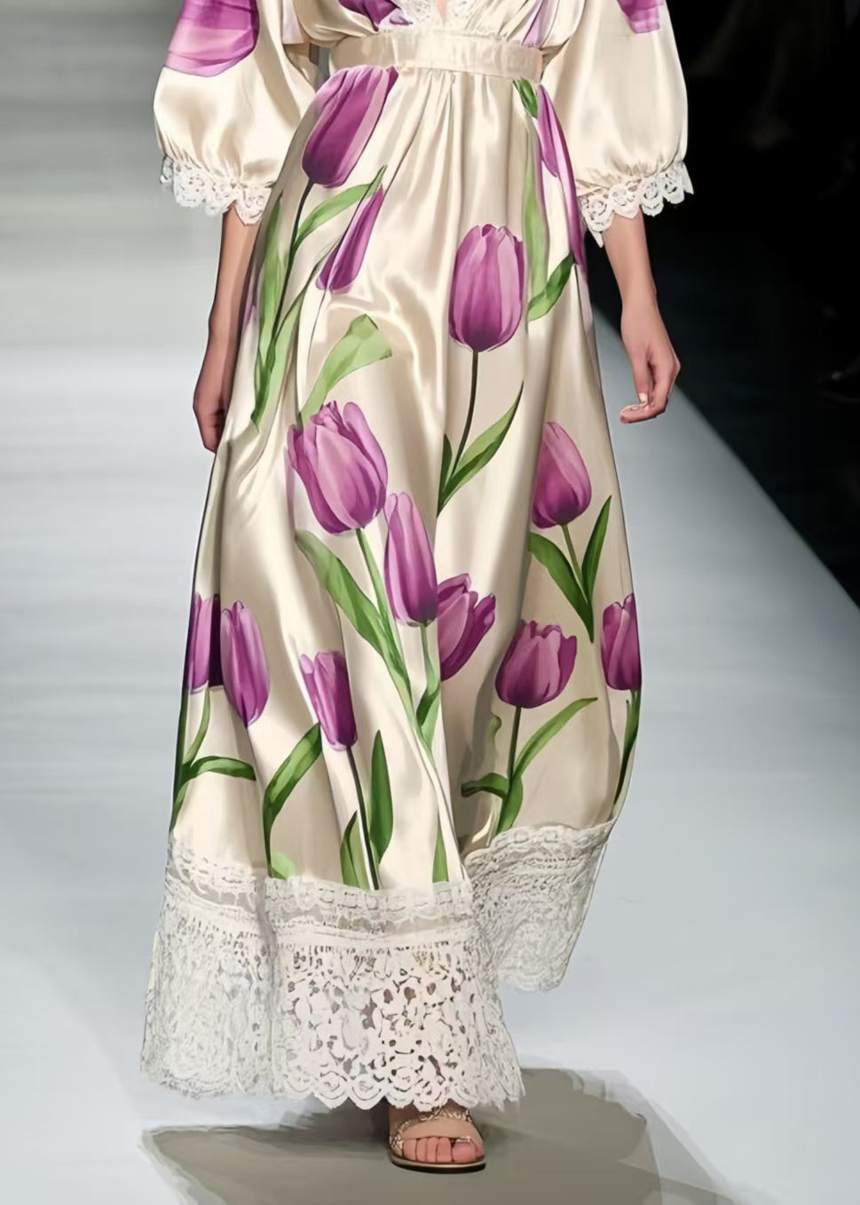 Classy Lavender Floral Patchwork Lace Silk Maxi Dress Summer