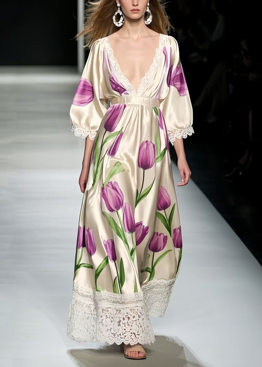 Classy Lavender Floral Patchwork Lace Silk Maxi Dress Summer