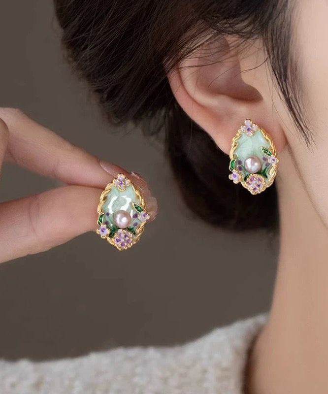 Classy Rainbow Copper Overgild Pearl Floral Stud Earrings