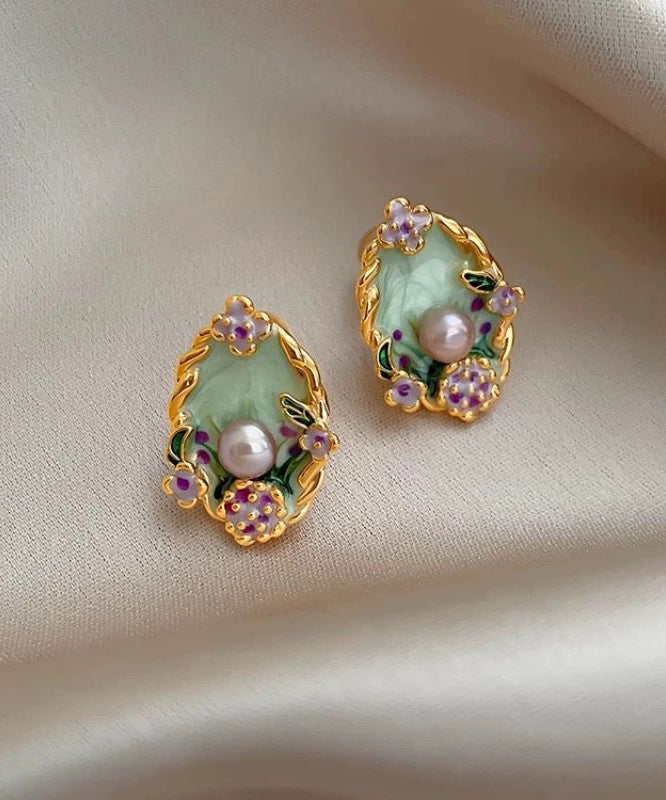 Classy Rainbow Copper Overgild Pearl Floral Stud Earrings