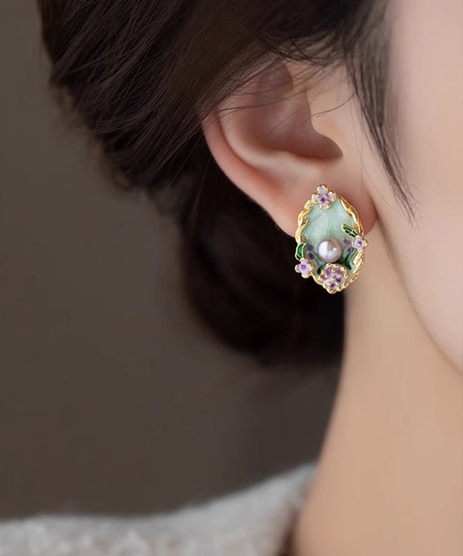 Classy Rainbow Copper Overgild Pearl Floral Stud Earrings