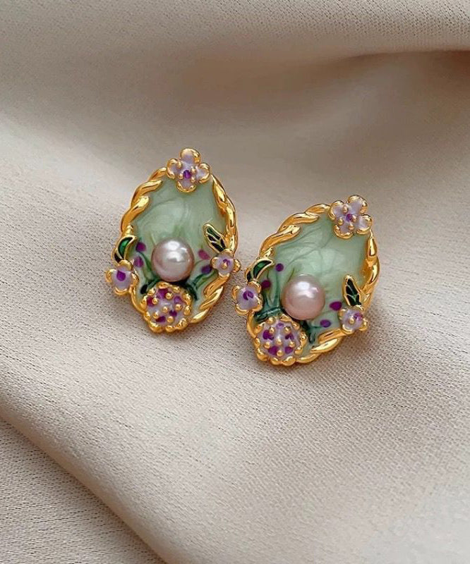 Classy Rainbow Copper Overgild Pearl Floral Stud Earrings