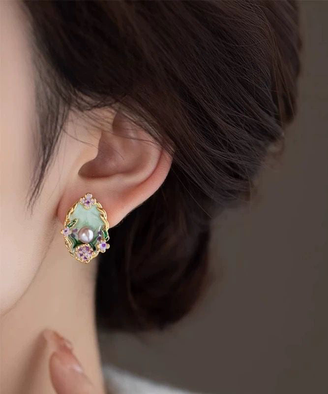 Classy Rainbow Copper Overgild Pearl Floral Stud Earrings