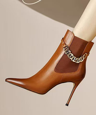 Classy Splicing Stiletto Boots Brown Faux Leather Pointed Toe