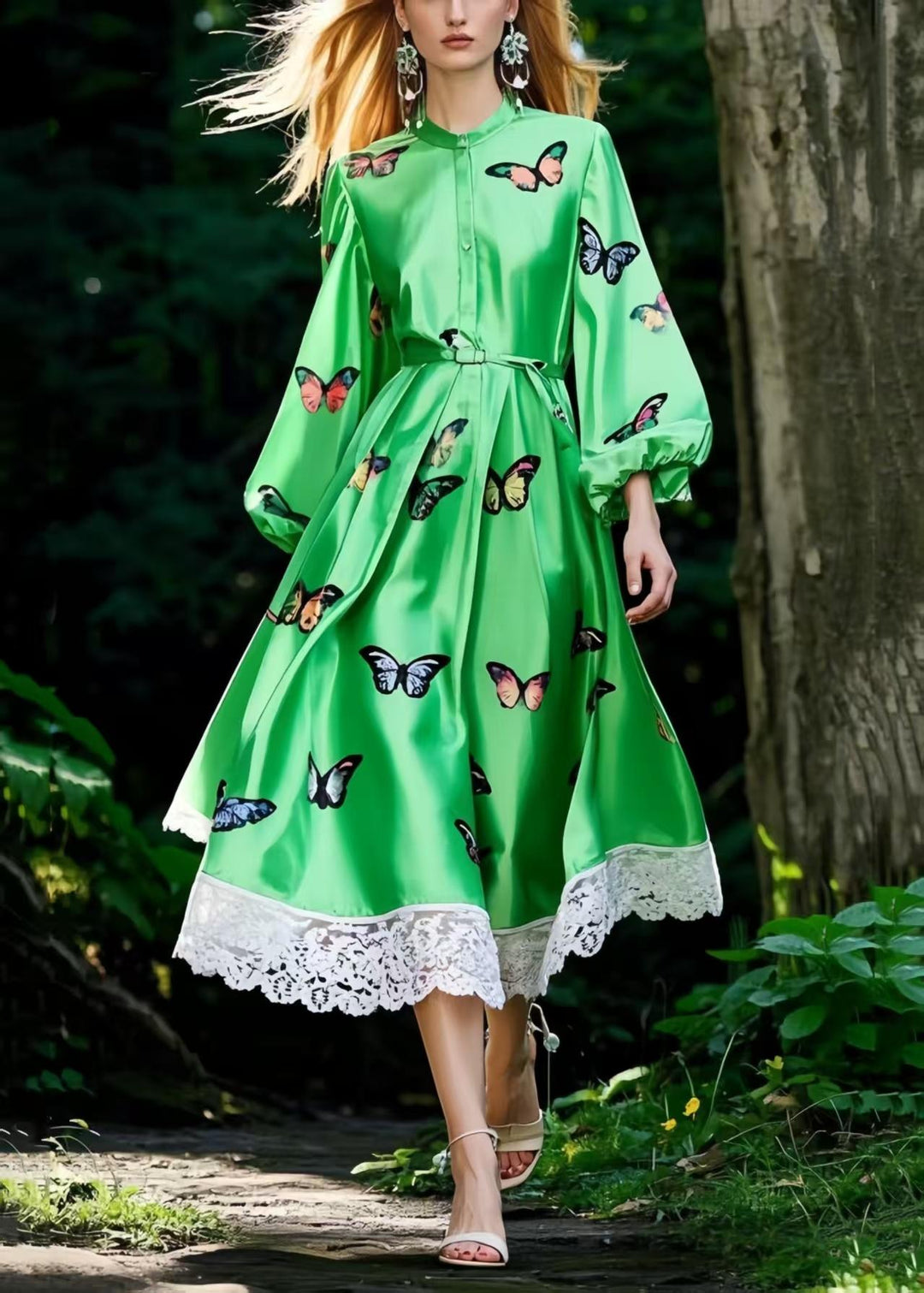 Classy Tea Green Butterfly Patchwork Lace Silk Dresses Lantern Sleeve