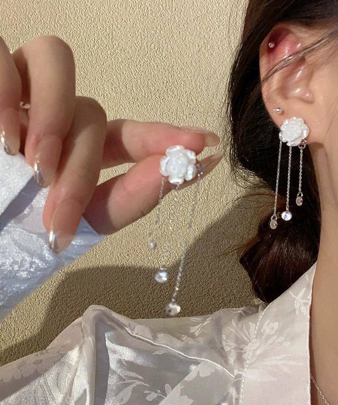 Classy White Alloy Crystal Camellia Tassel Drop Earrings