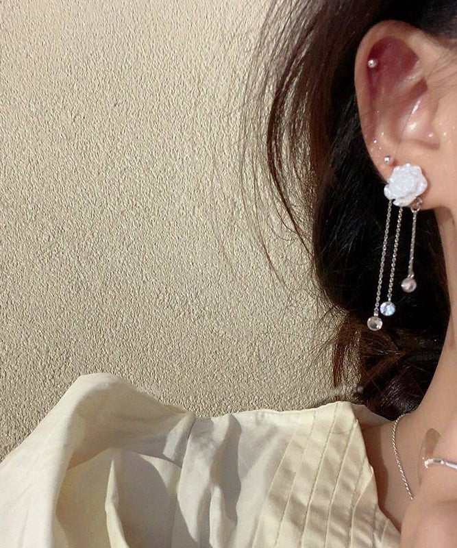 Classy White Alloy Crystal Camellia Tassel Drop Earrings